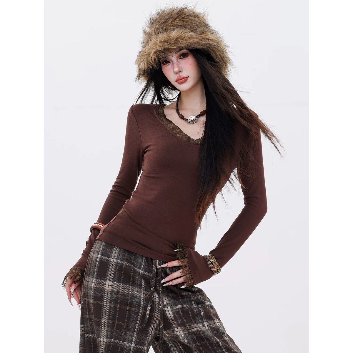 レース切替クルーネック長袖Tシャツ