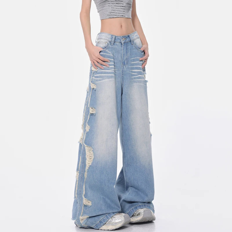 ダメージ加工ストレートワイドデニムパンツ