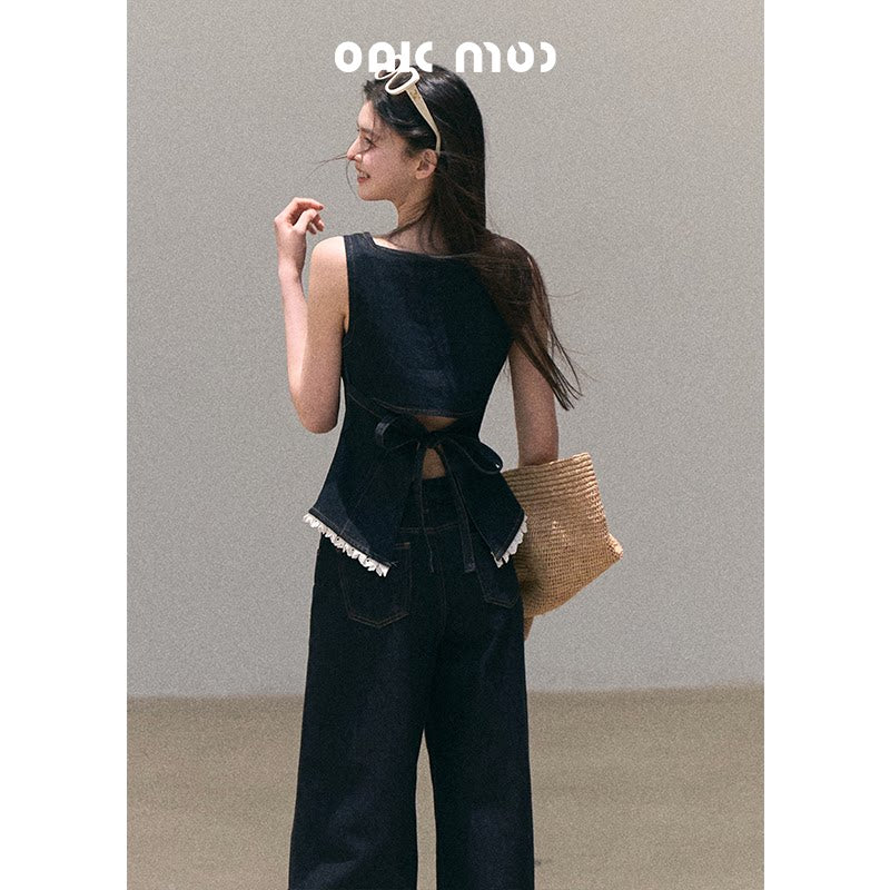 ボヘミアン レース デニム キャミトップ ワイドパンツ セットアップ