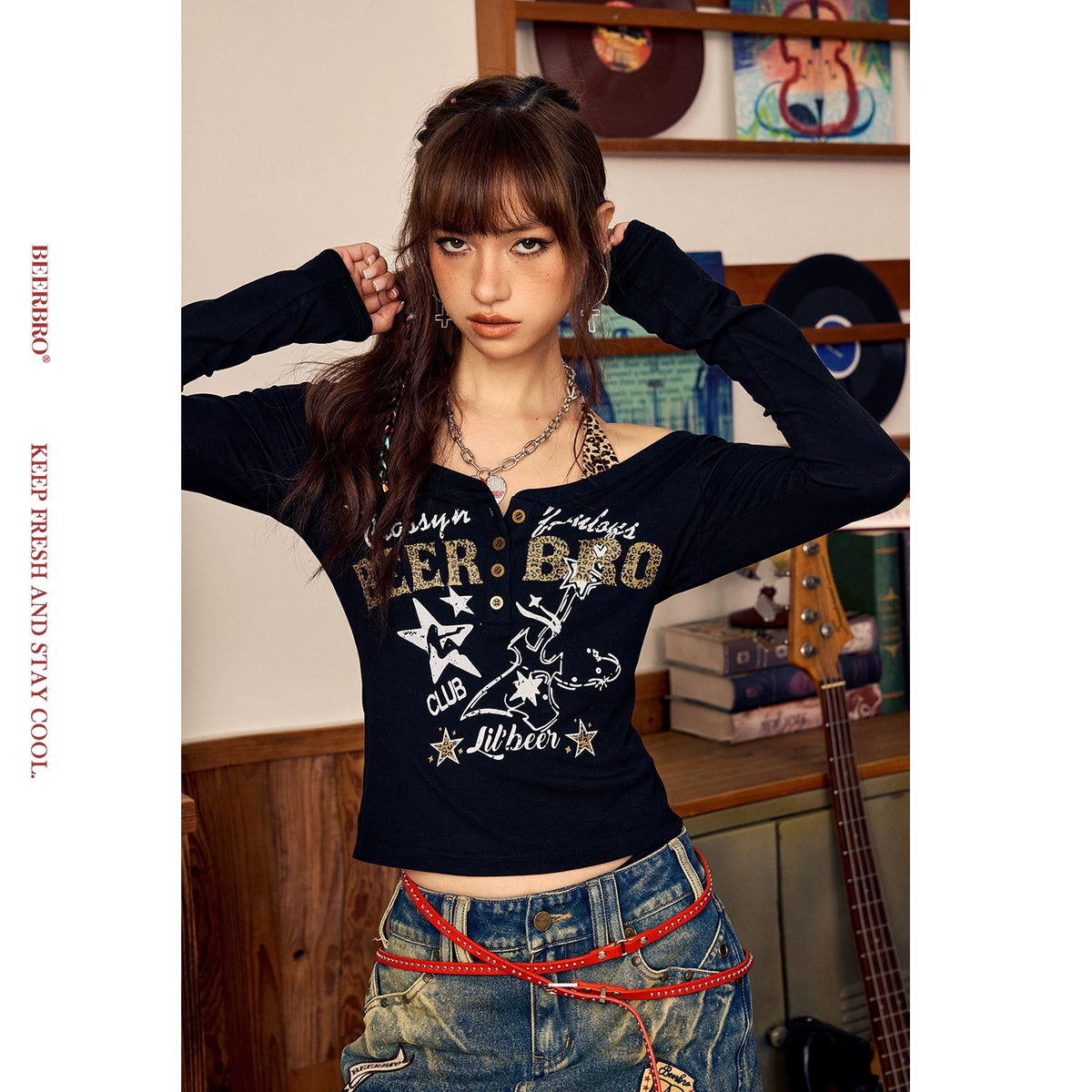 レオパード柄カップ付きレイヤード長袖Tシャツ
