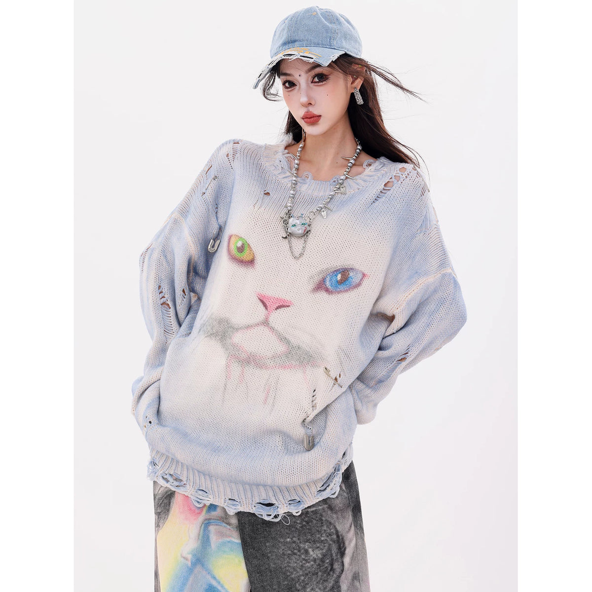 キャット柄ダメージ加工ニットセーター