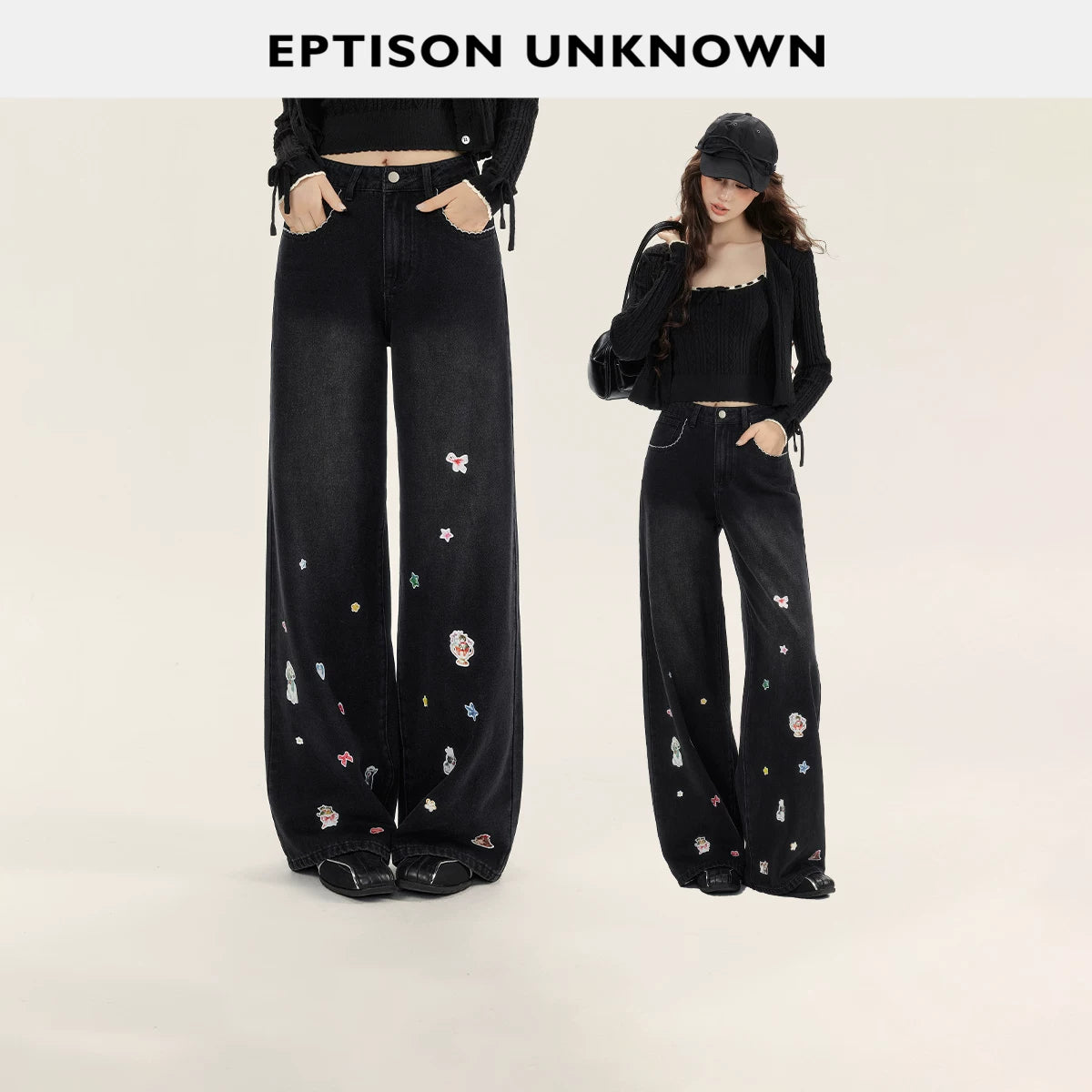 カートゥーンプリント ストレートデニムパンツ
