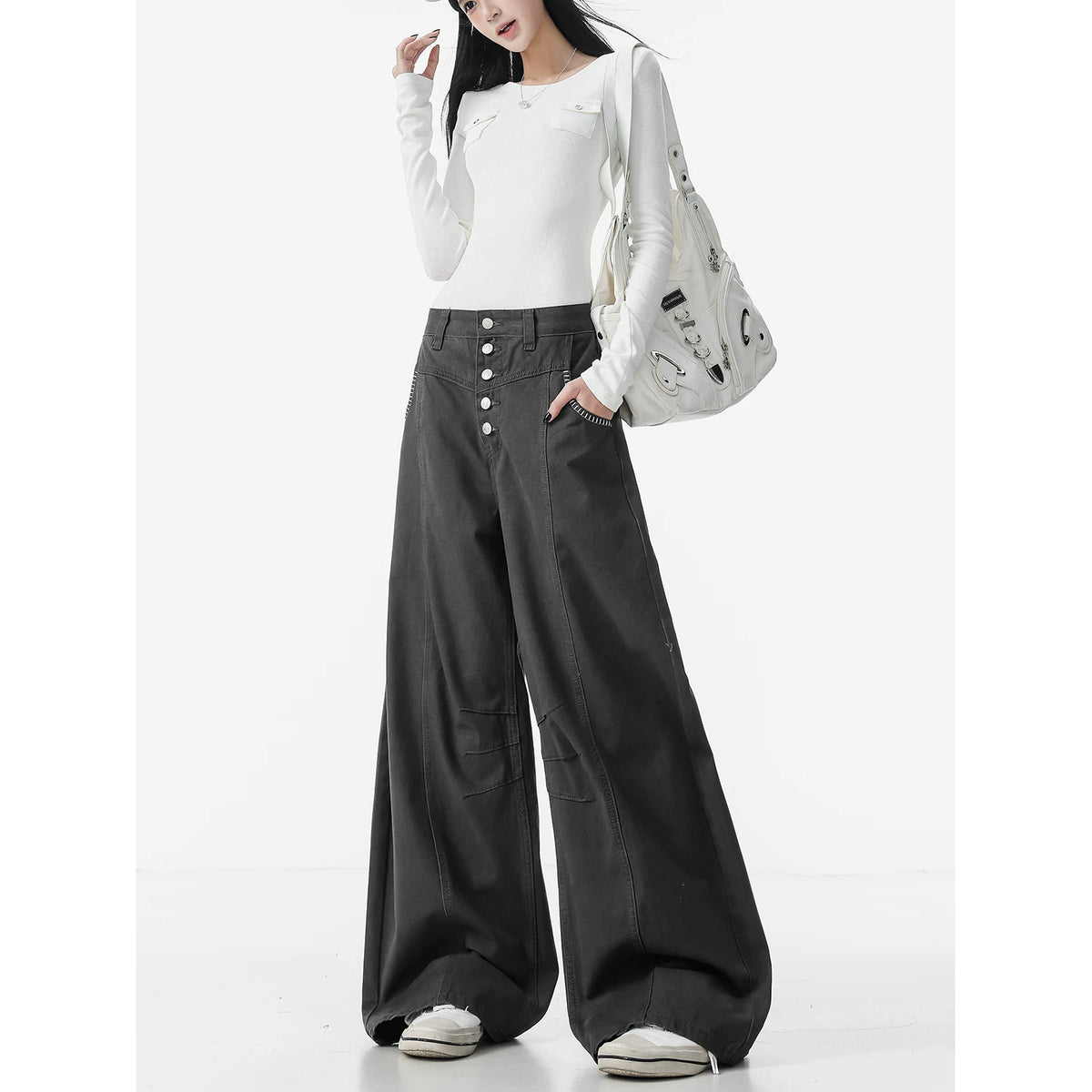 ボタンデザインカーゴカーブデニムパンツ