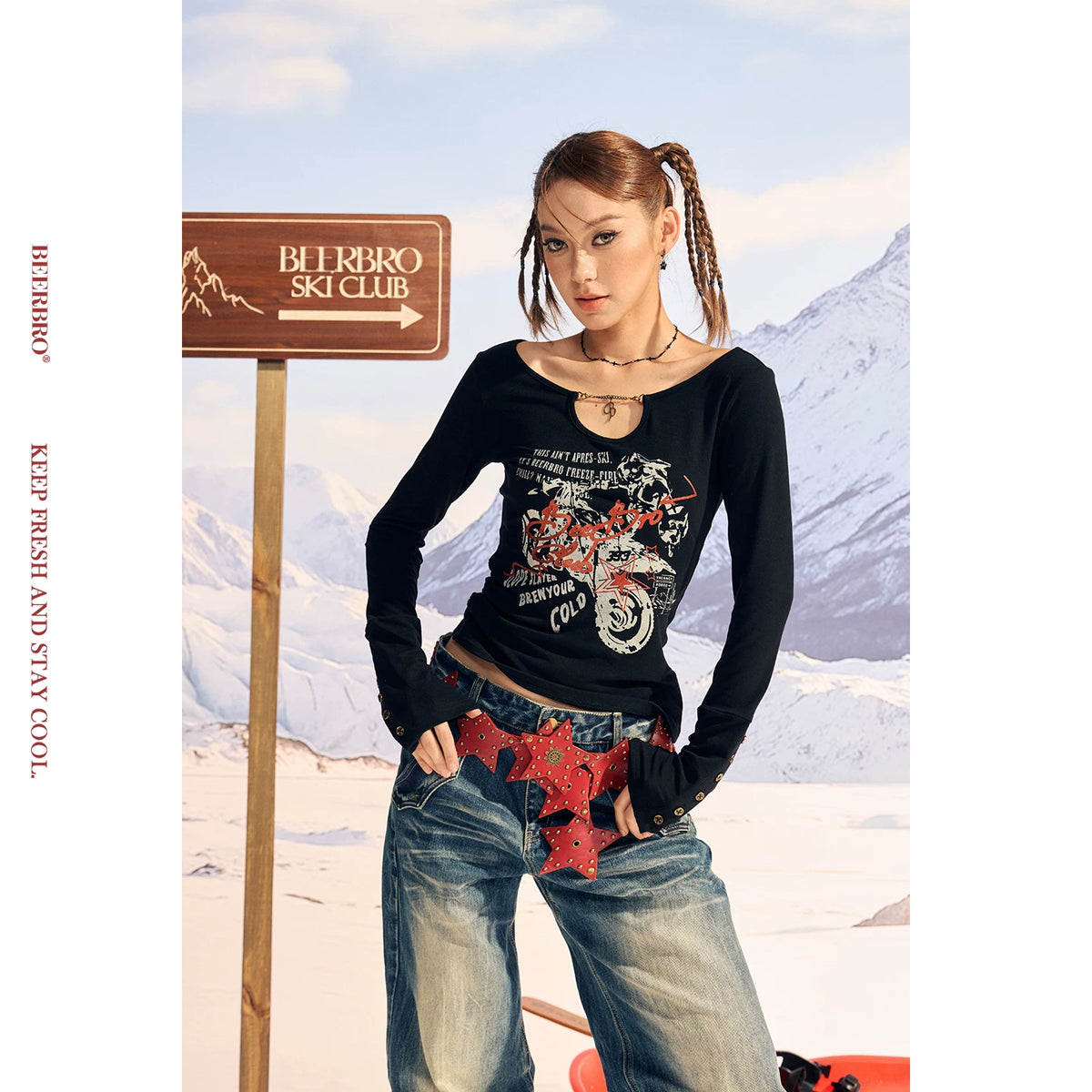 チェーン装飾アシンメトリー裾長袖Tシャツ