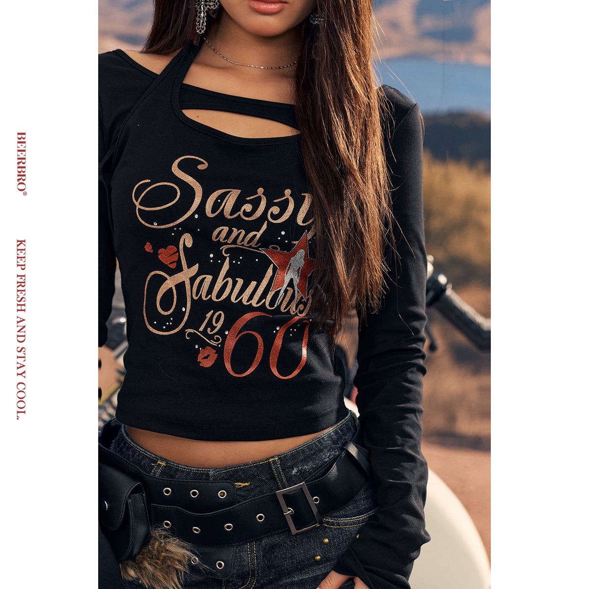 ラメロゴプリント長袖Tシャツ