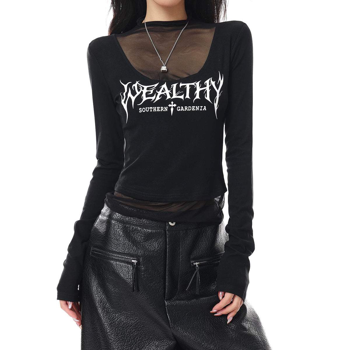 メッシュ切替プリント長袖Tシャツ