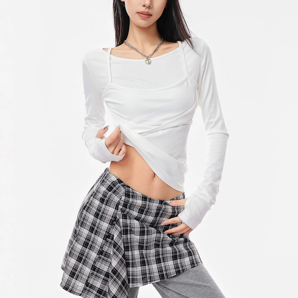 アシンメトリーレイヤード長袖Tシャツ