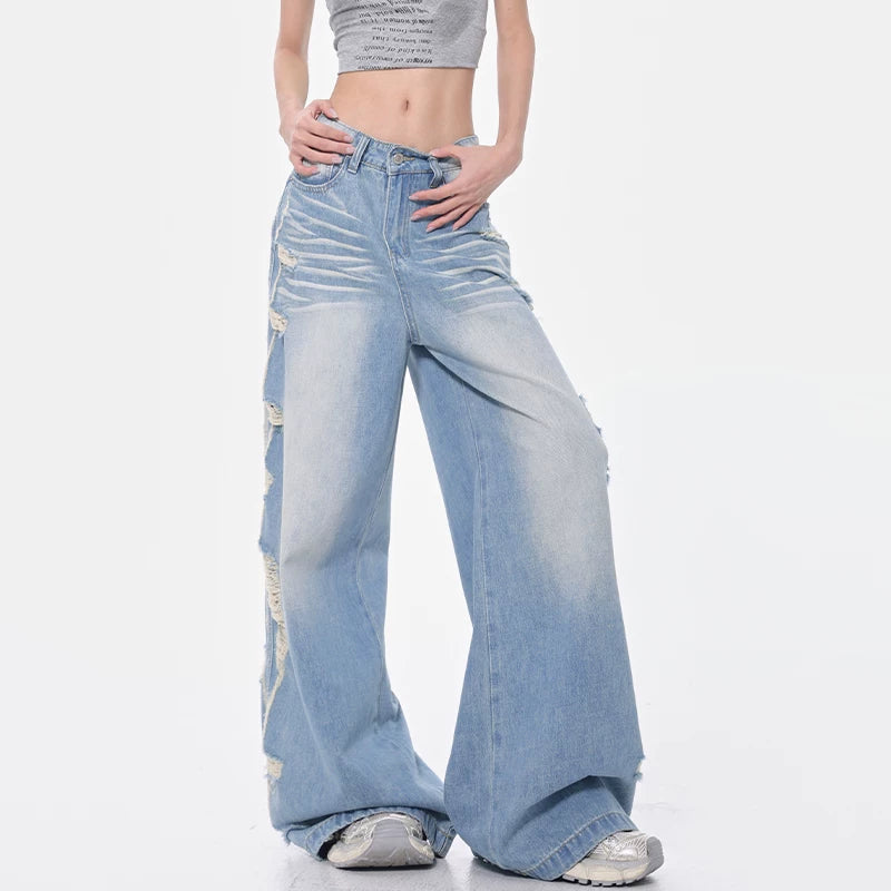 ダメージ加工ストレートワイドデニムパンツ