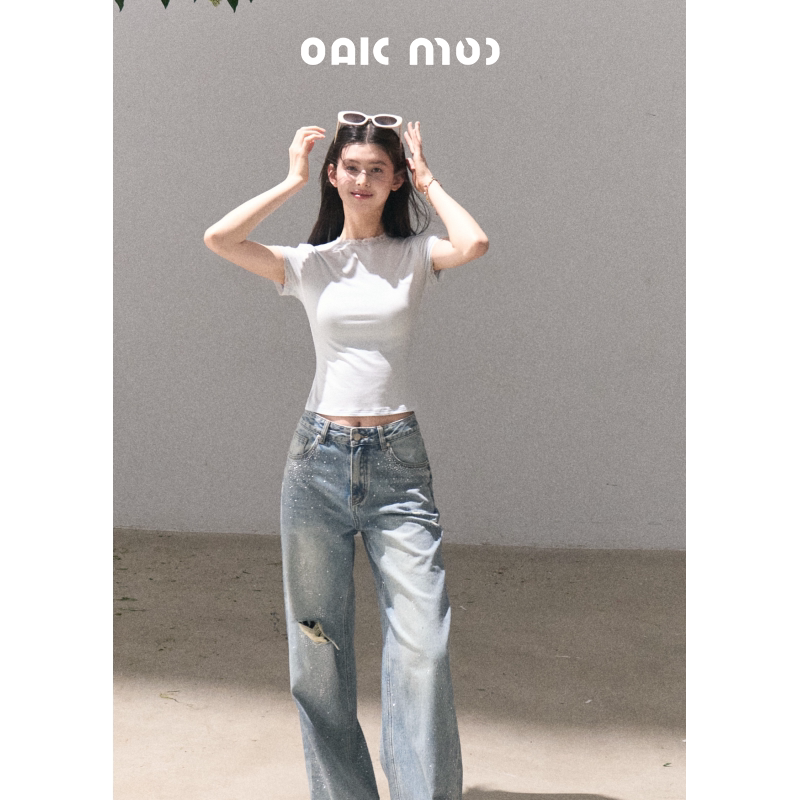 ラインストーンワイドストレートデニムパンツ