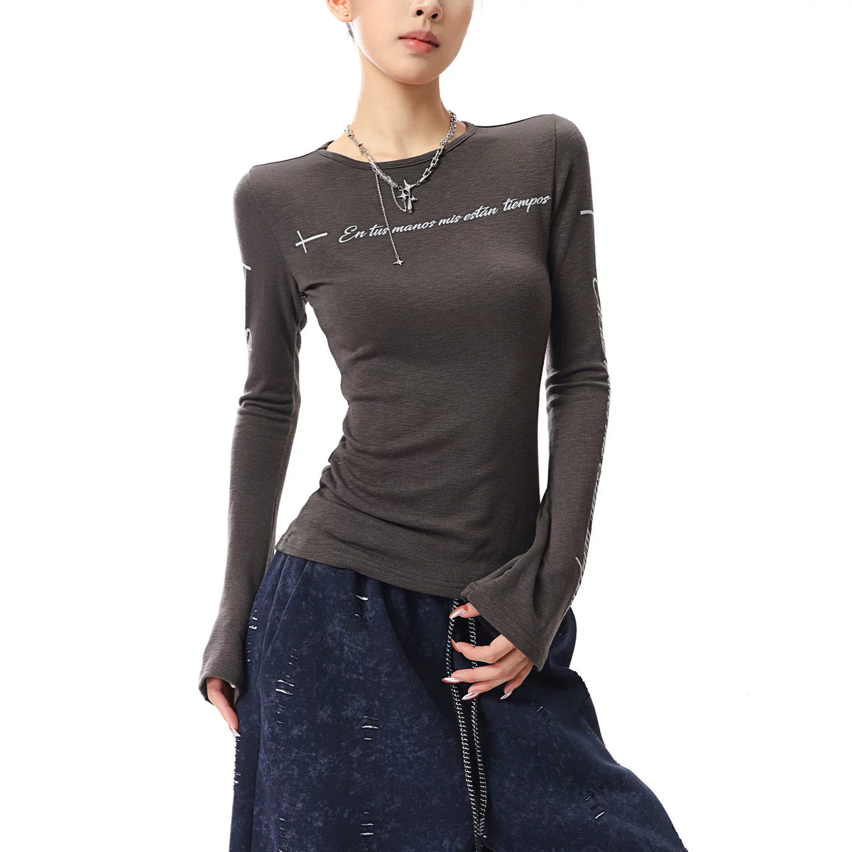 プリントフレアスリーブ長袖Tシャツ