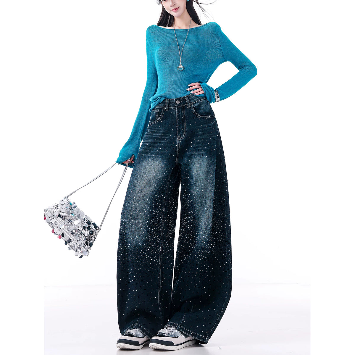 ラインストーンウォッシュカーブデニムパンツ