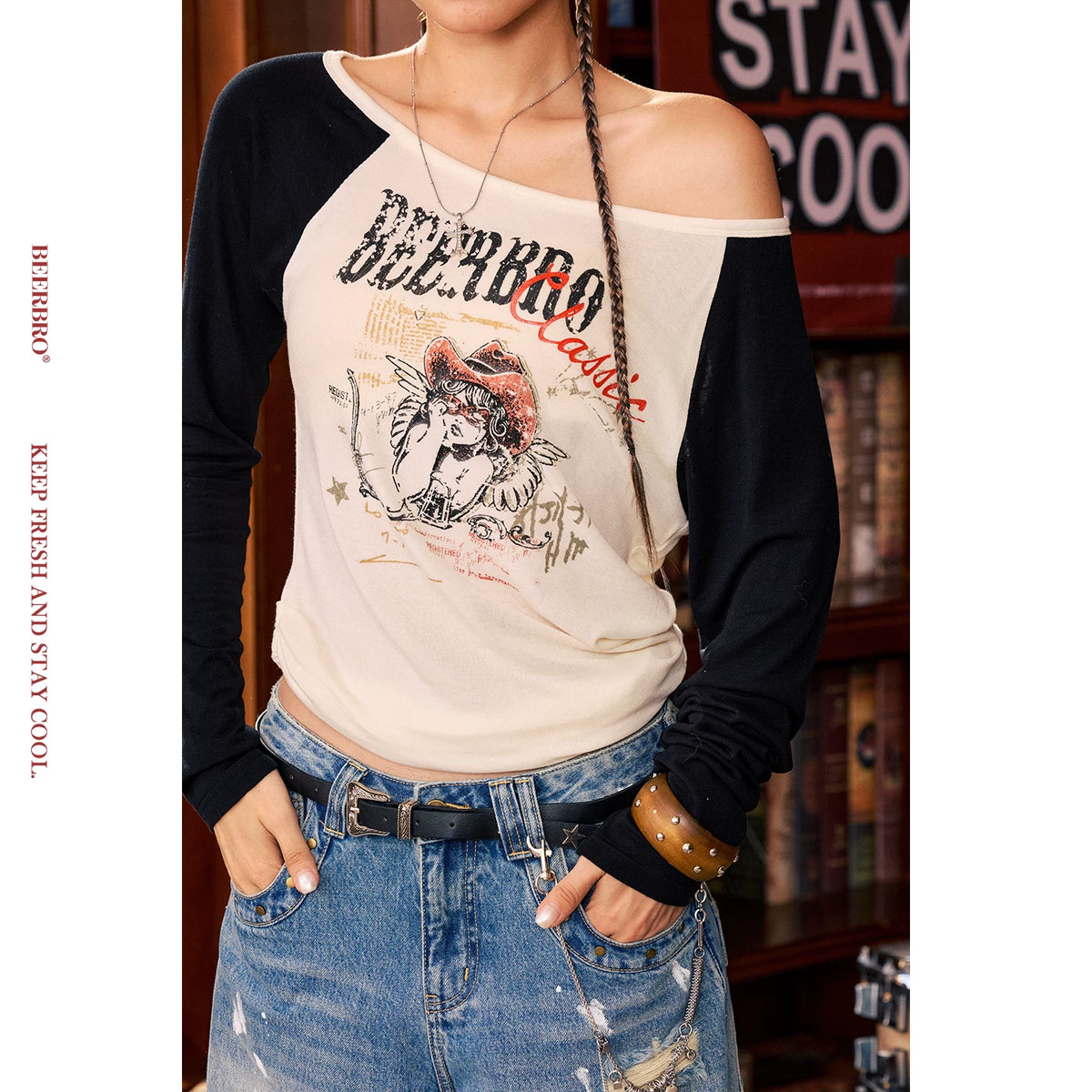 エンジェルワンショルダー配色長袖Tシャツ