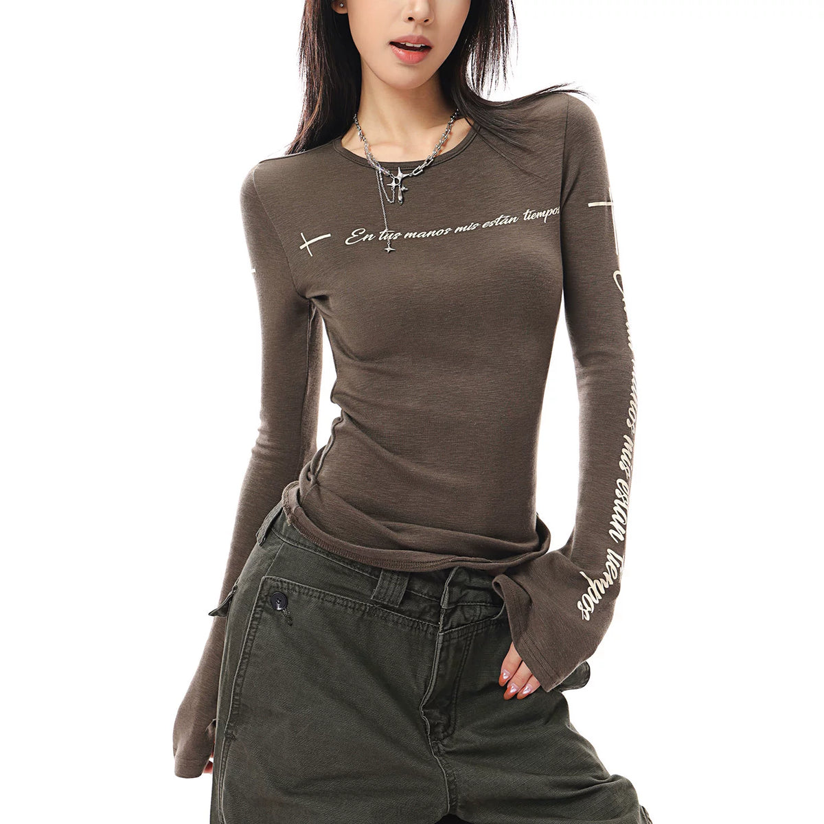 プリントクルーネックフレア長袖Tシャツ