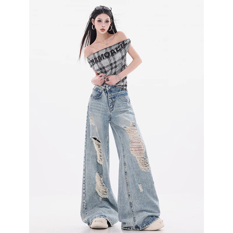 ウォッシュダメージ加工ワイドデニムパンツ