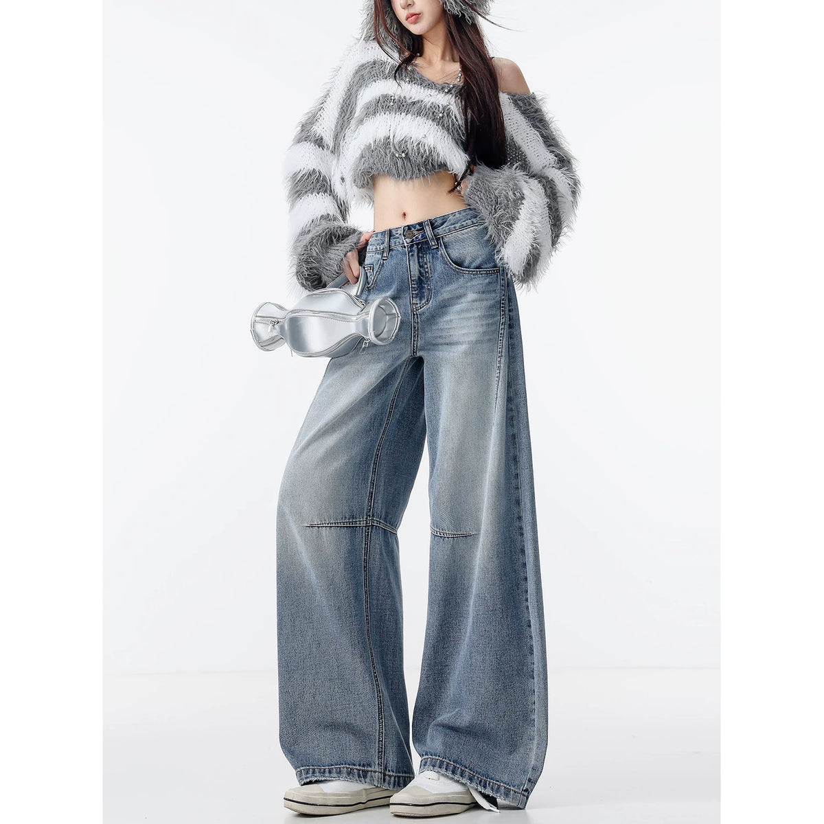 ユーズド加工ステッチワイドデニムパンツ