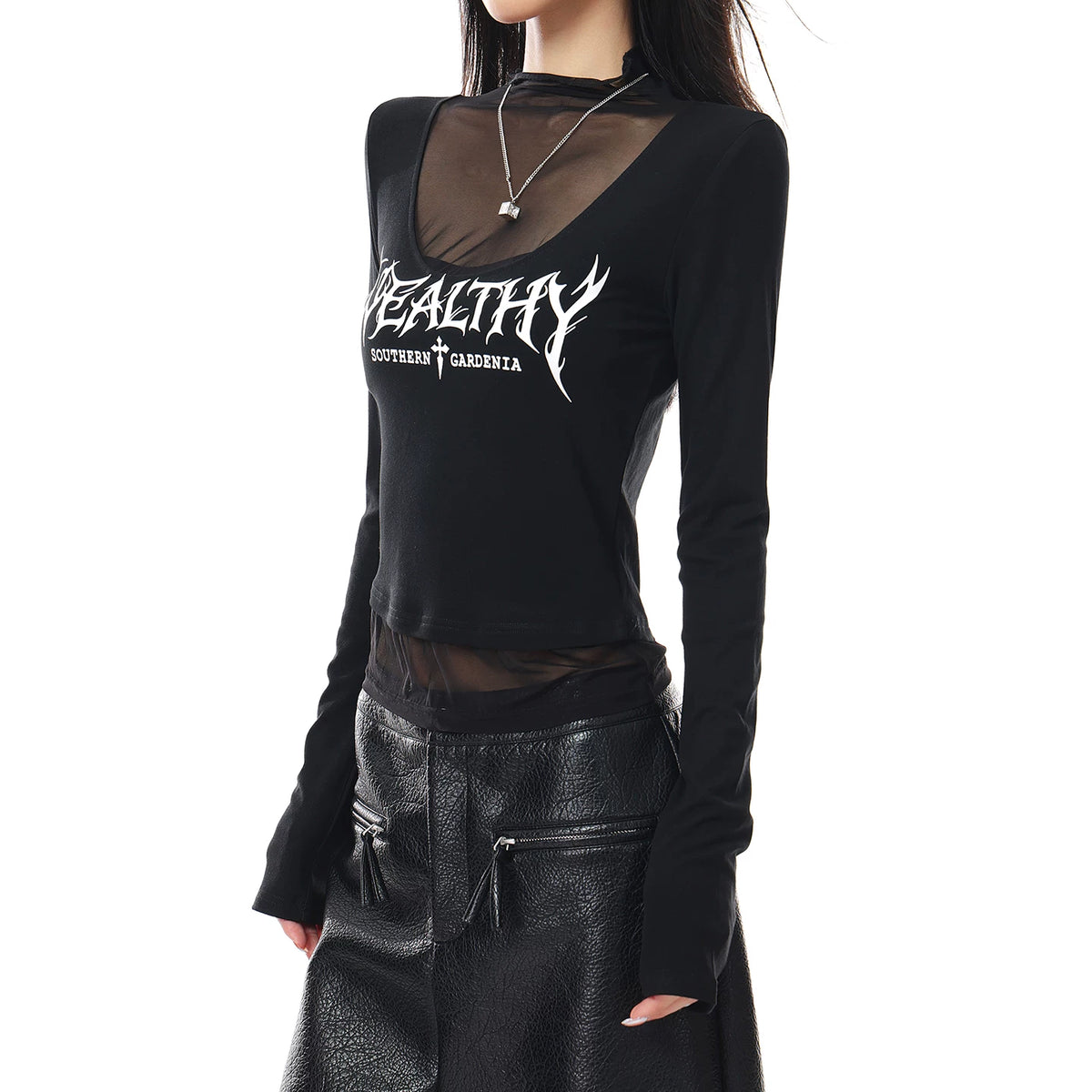 メッシュ切替プリント長袖Tシャツ