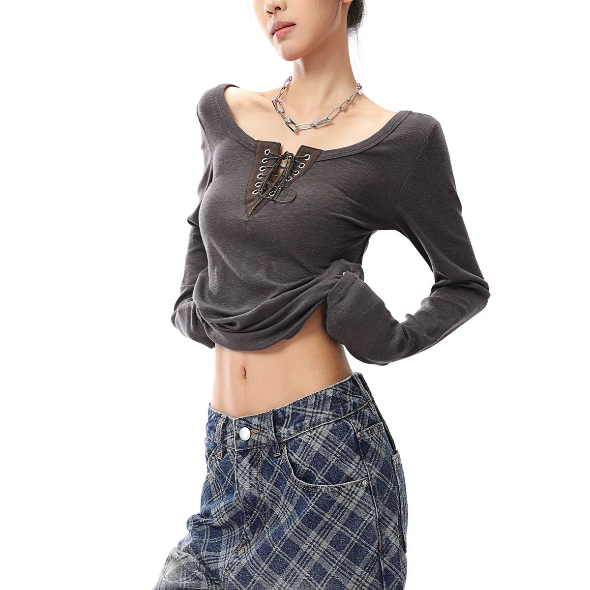 Vネックレースアップ長袖Tシャツ