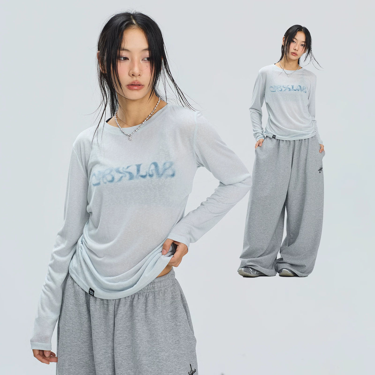 透け感リヨセル混長袖トップス