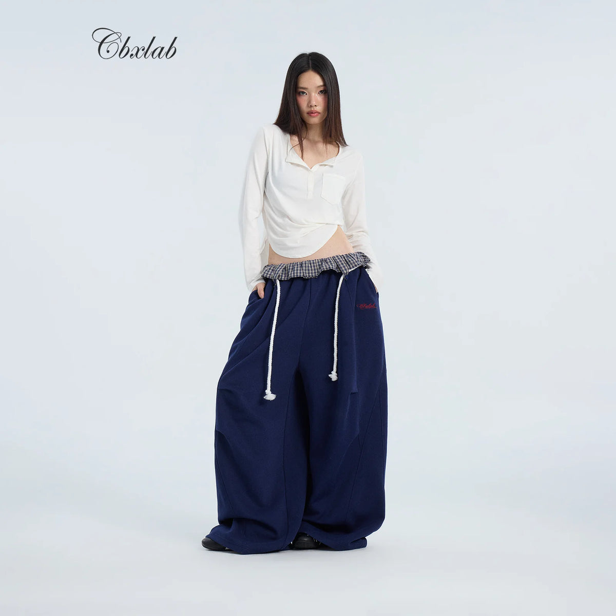 フリル折り返しウエスト チェック切り替えパンツ