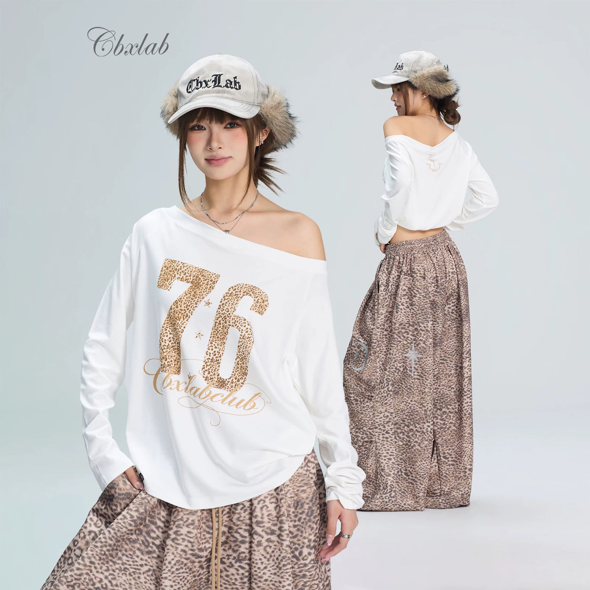 斜めオフショルダートップス×レオパード ワイドパンツ