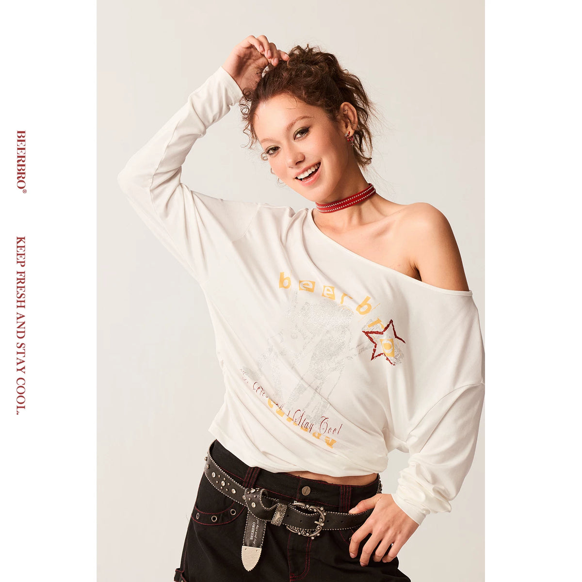バンドプリントウエストシェイプ長袖Tシャツ