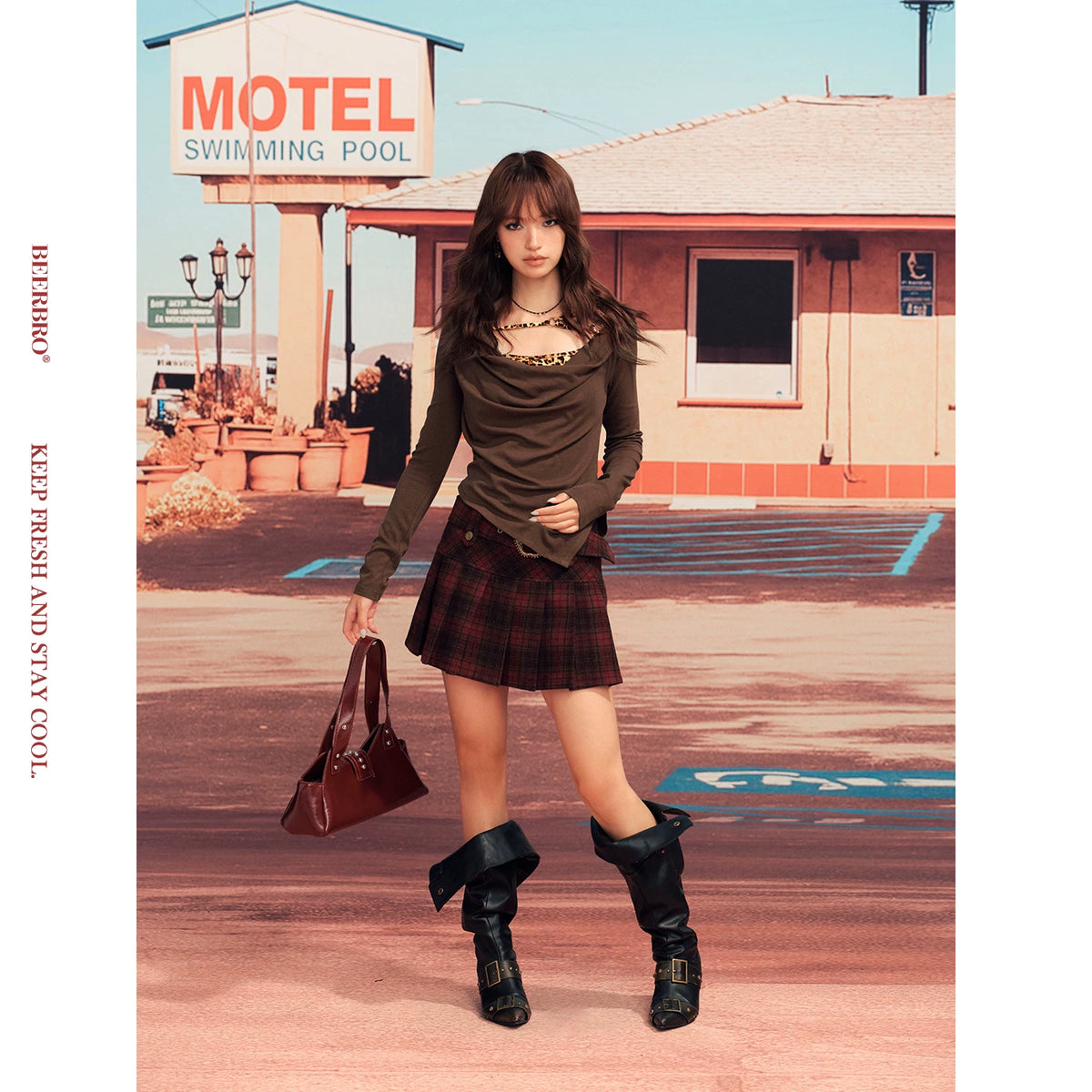 Y2K ラインストーンベルト ワインレッドチェック プリーツミニスカート