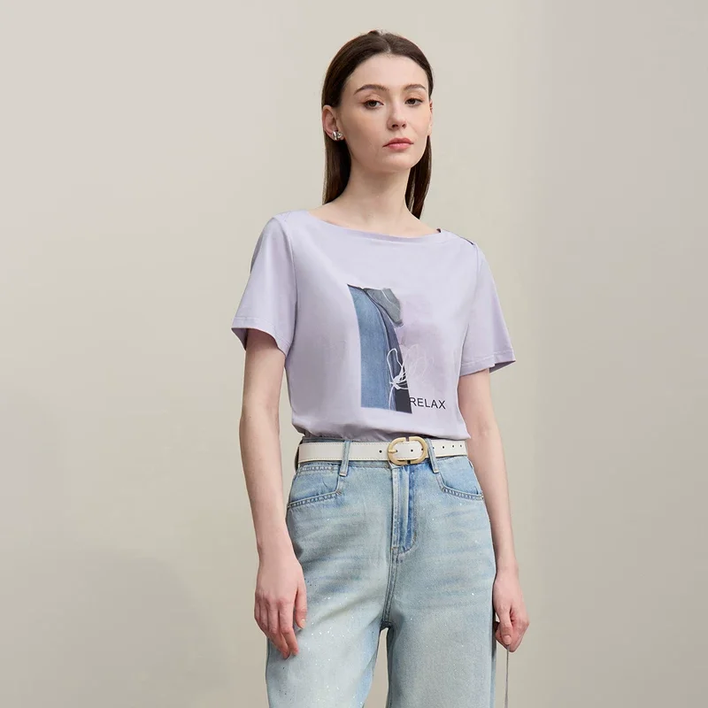 Amii 抽象プリント ボートネック半袖Tシャツ