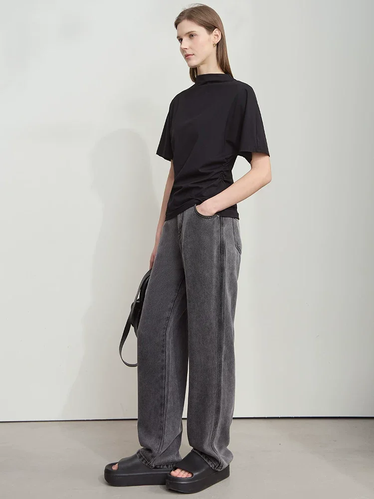 Amii モダールコットン ハイネック 半袖Tシャツ