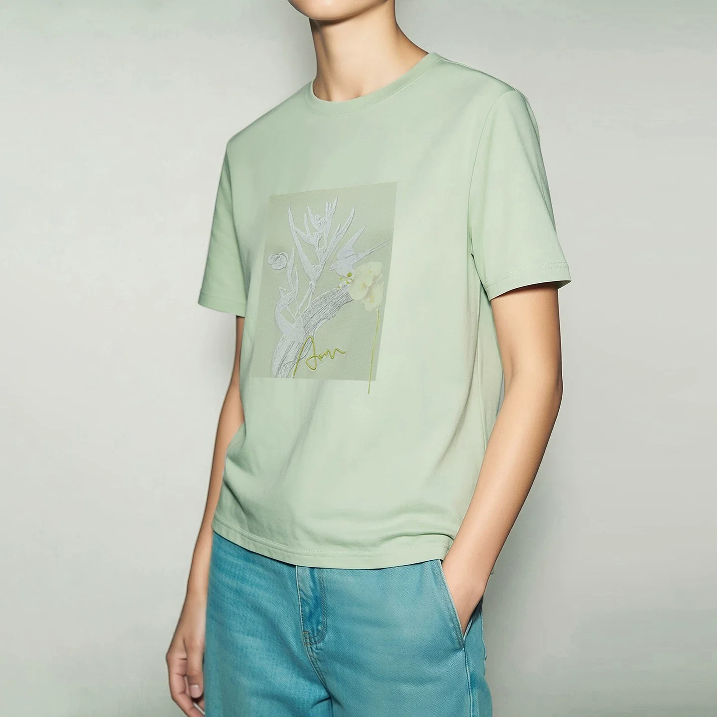Amii 花鳥プリント レター刺繍 コットンTシャツ