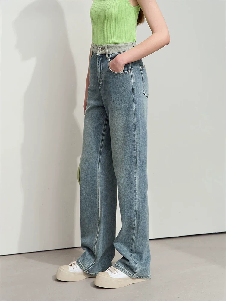 Amii 配色 ストレート デニムパンツ