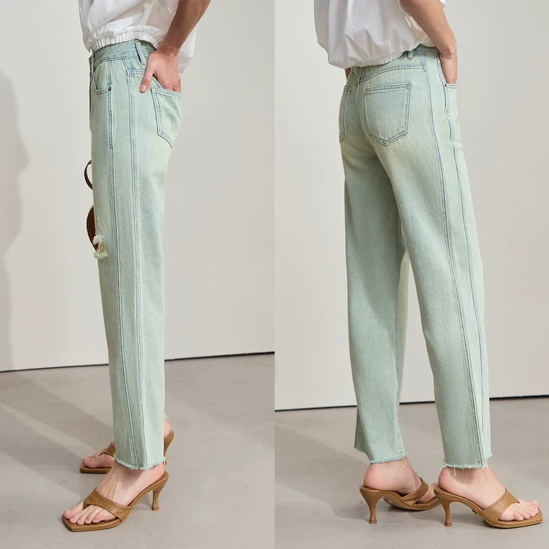 Amii コットン ダメージ テーパード クロップドパンツ