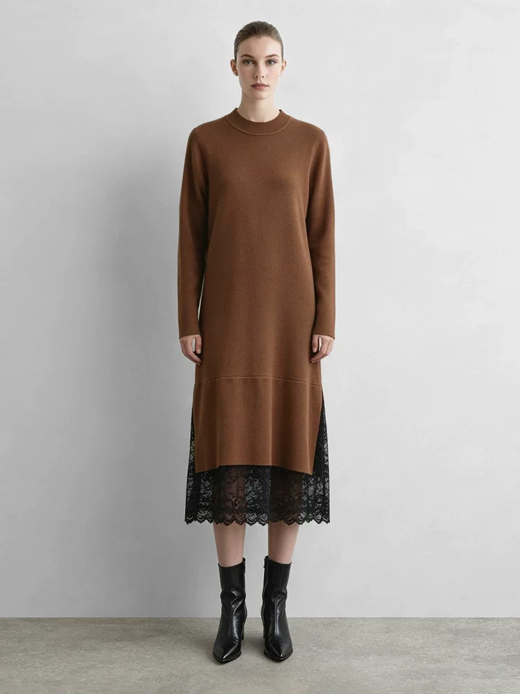 Amii モックネック レース スリット ニットワンピース