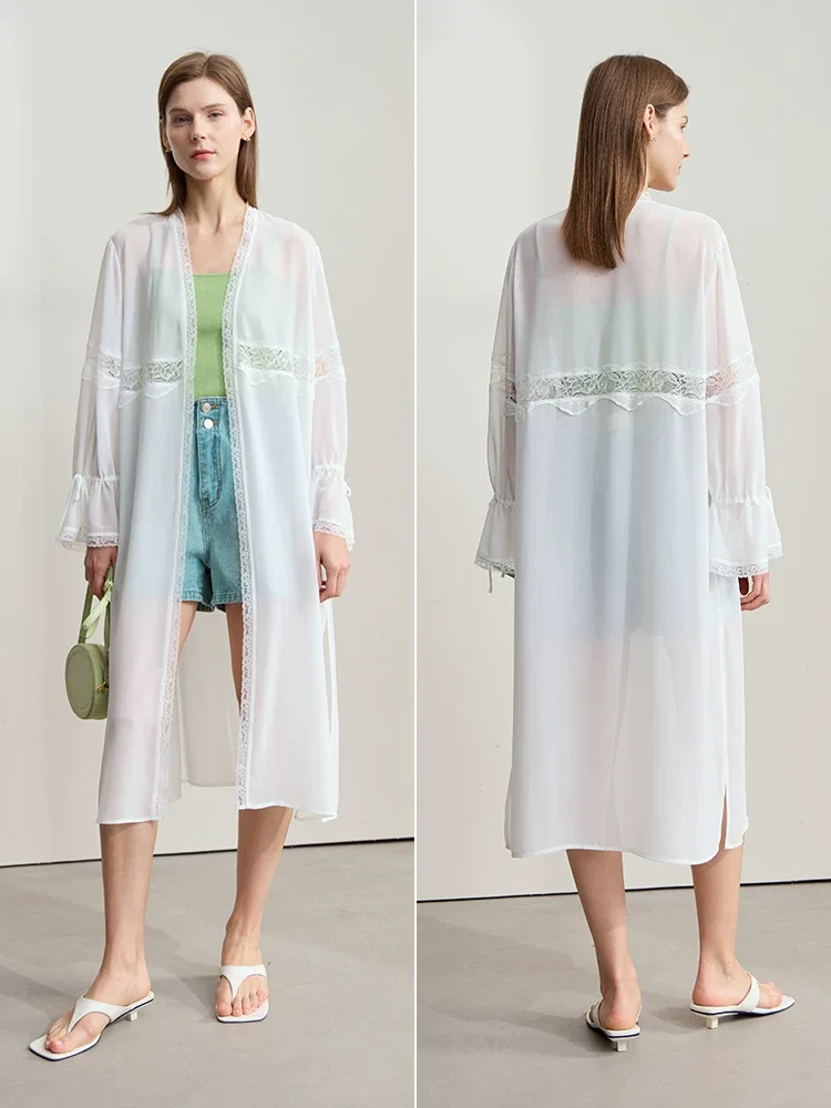 Amii 調節リボン レース切替 ロングシフォンブラウス