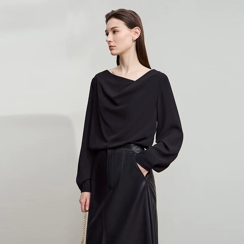 Amii ドレープネック 長袖シフォンブラウス