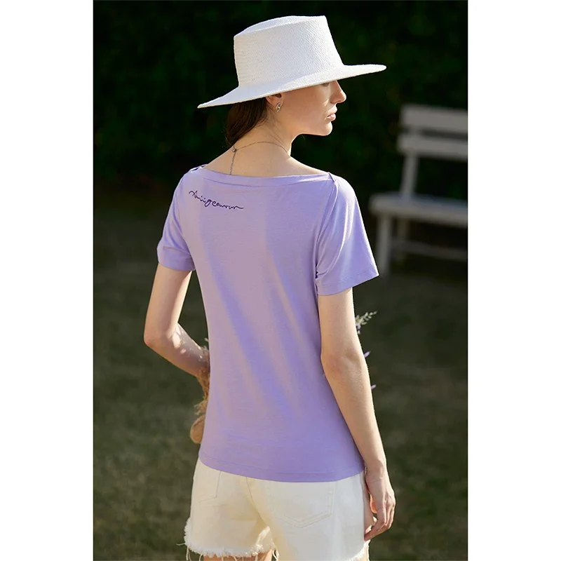 Amii ボートネック オフショルダー 半袖Tシャツ