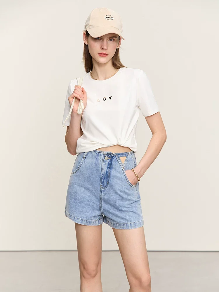 Amii 抗菌コットン ストレッチ 幾何飾り 半袖Tシャツ