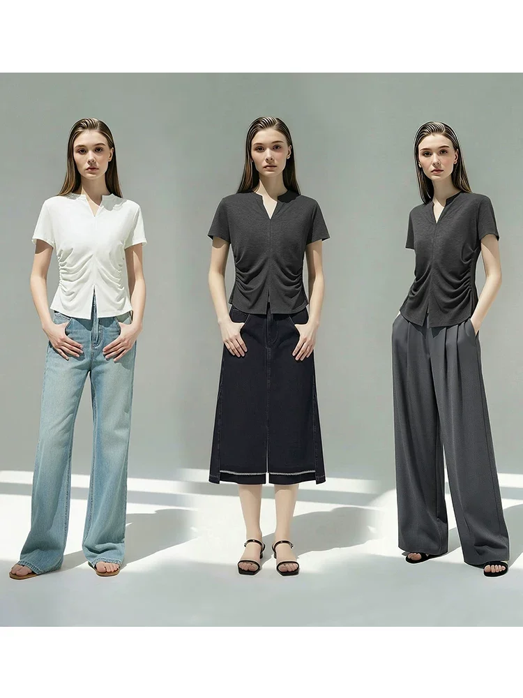 Amii ポンチニット シザーVネック 半袖Tシャツ