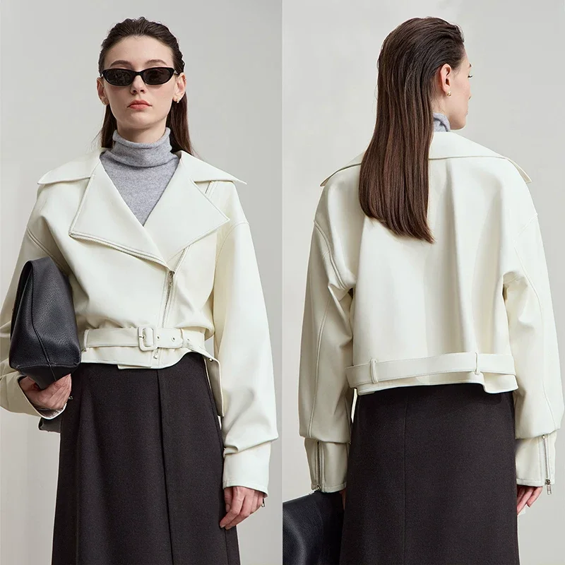 Amii PUレザー ベルト付き ショート ライダース
