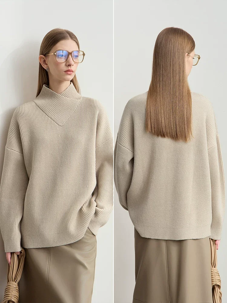Amii 重ね衿 ハイネック ドロップショルダーニット