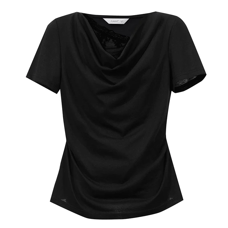 Amii まつげレース切替 ドレープネック 半袖Tシャツ