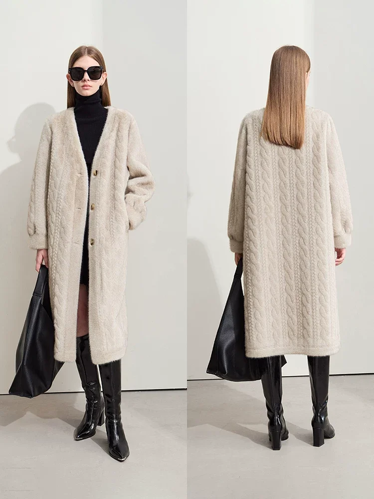 Amii エコファー ケーブル型押し Vネックロングコート