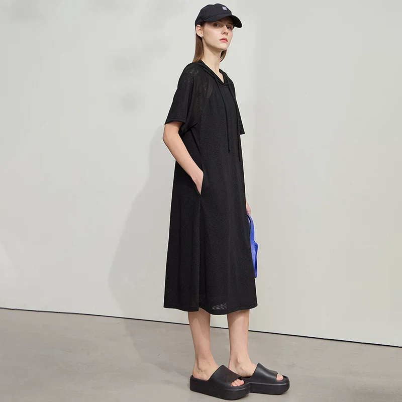 Amii メッシュ切替 フード付きワンピース