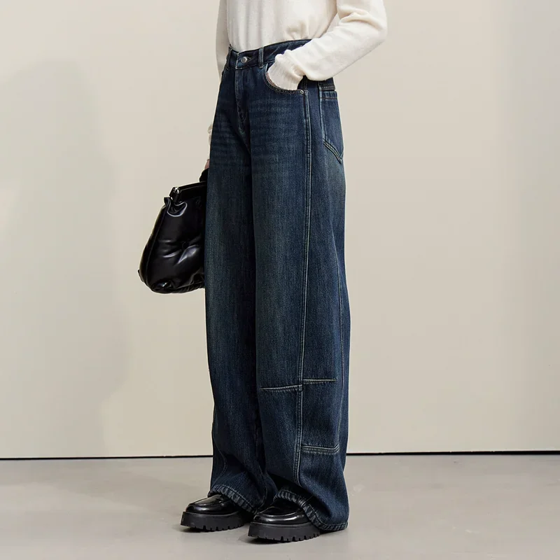 Amii 裏起毛 厚手ストレートデニムパンツ