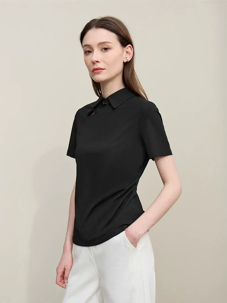 Amii 新中式 チャイナボタン 折り返し襟 Tシャツ