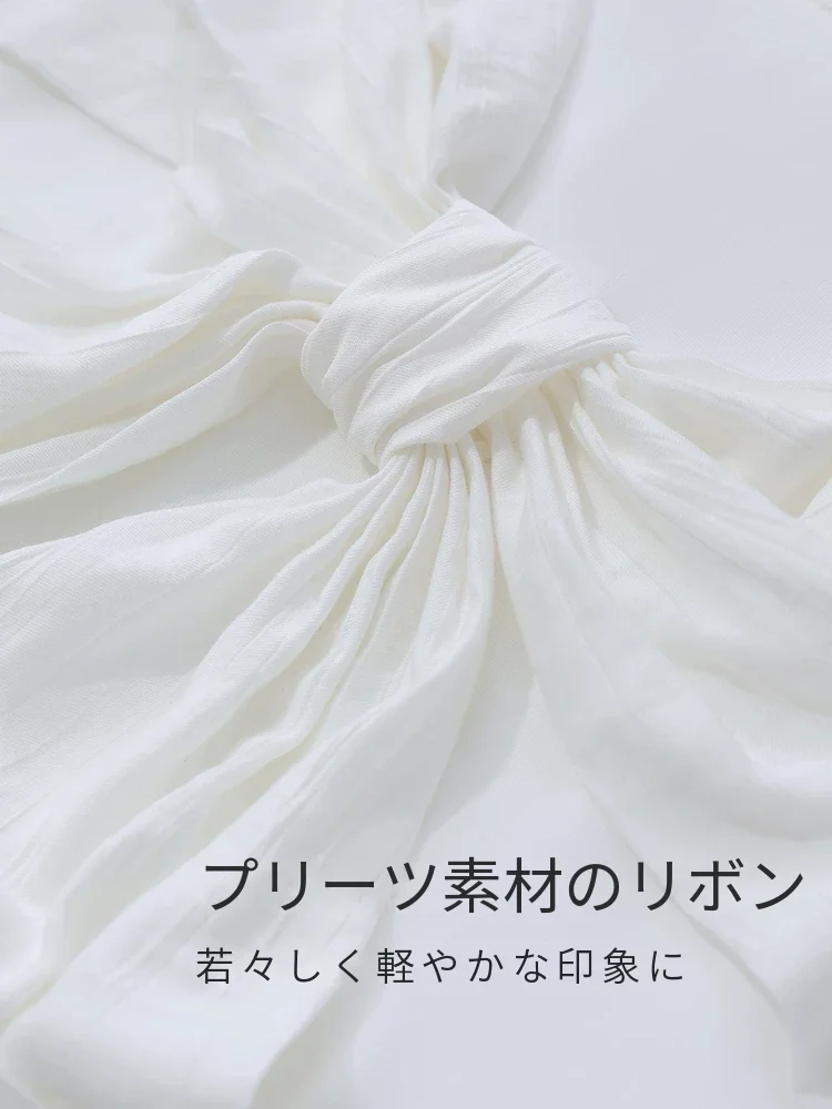 Amii コットン プリーツ リボン 半袖Tシャツ