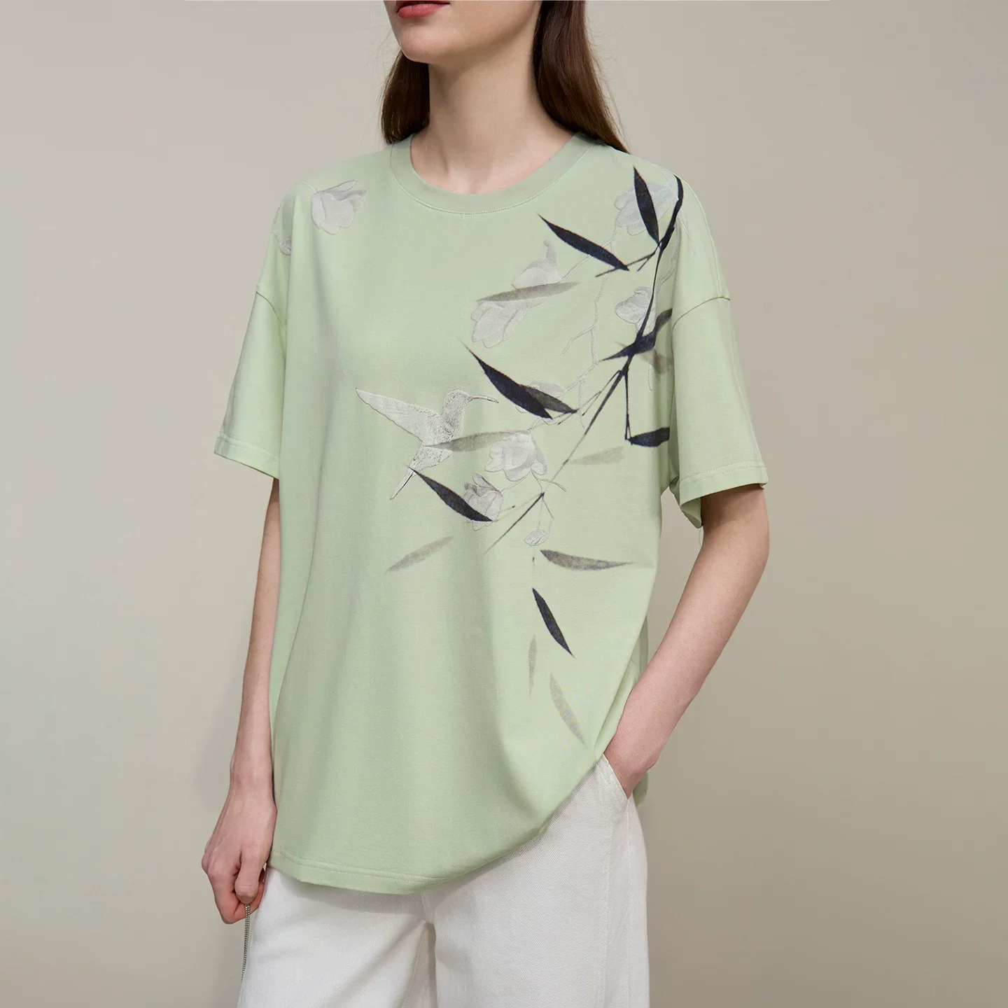 Amii 竹と小鳥プリント コットン 半袖Tシャツ