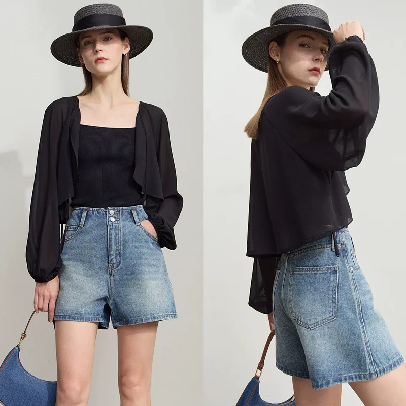 Amii Vネック リボン ショート シフォンブラウス