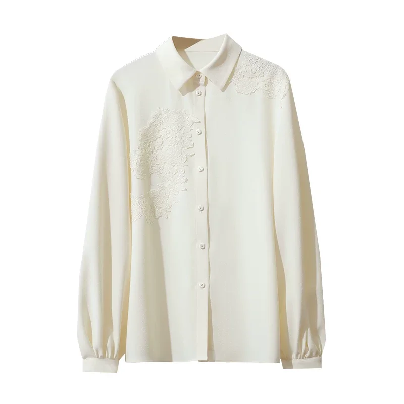 Amii 手工カットジャカード レース切替 シフォンブラウス