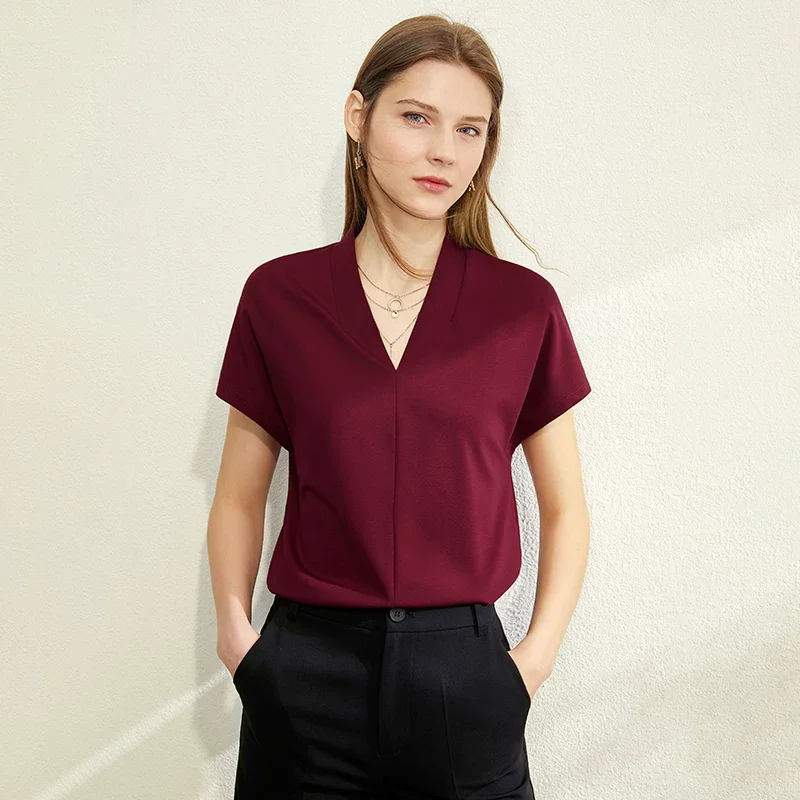 Amii 細番手 ストレッチ Vネック 連袖 半袖Tシャツ