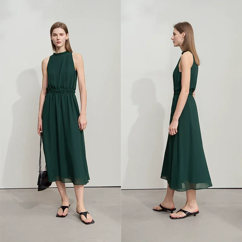 Amii シフォン フリルネック ロングワンピース